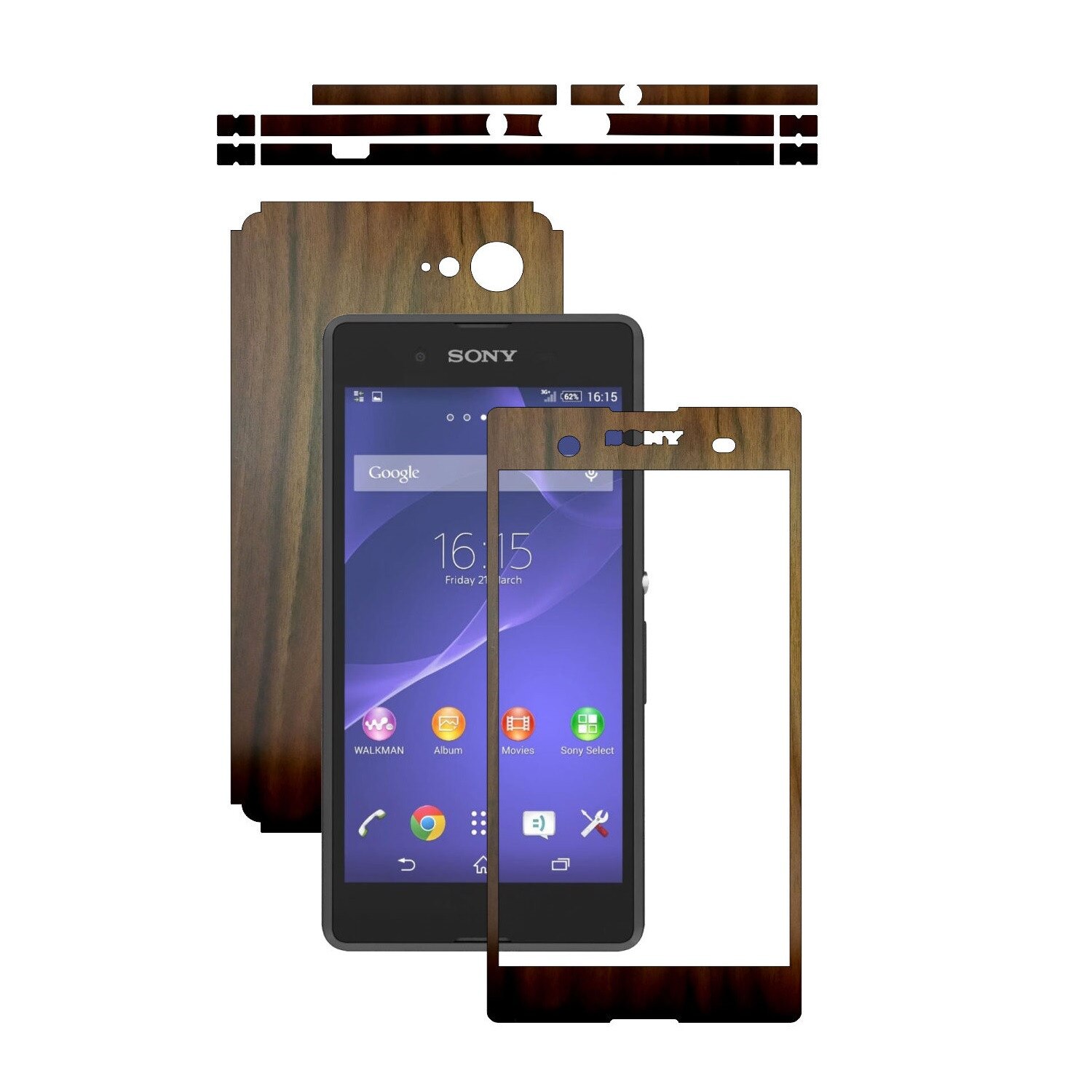 Folie de protectie Carbon Skinz, Husa de tip Skin Adeziv pentru Carcasa, Lemn Nuc Inchis dedicata Sony Xperia E3