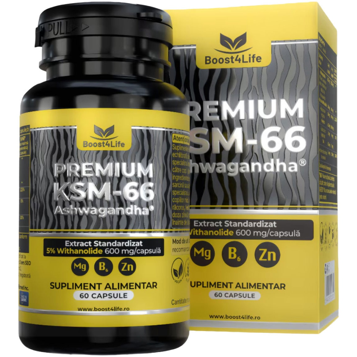 Extract de radacina Ashwagandha KSM-66® PREMIUM, 60 capsule vegane, 1200 mg/zi, Magneziu Bisglicinat, Zinc, Vitamina B6, Echilibru Psihic, Anxietate, Stres