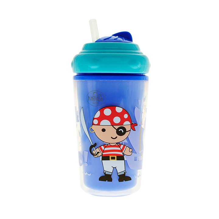 Термо чаша против разливане със сламка и въртящ се капак Minut Baby, 240 ml, 6+, синя