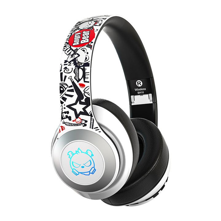 Casti Audio NUBI BH10 ANGRY BEAR, Hi Fi, Deep Bass, Bluetooth Wireless, AUX IN, Microfon, Alb