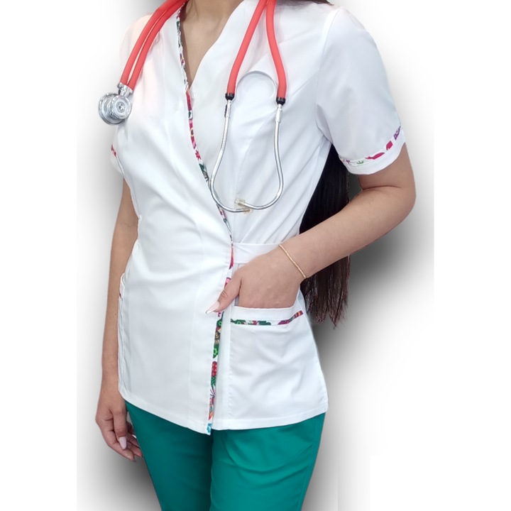 Bluza medicala tercot elastic, Kimono PremiumFlex Alb, cu insertie florala, Marimea 44, Colectia Halatul meu, AMA Medical Scrubs