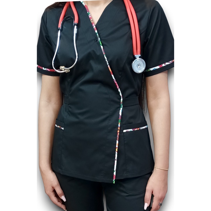 Bluza medicala tercot elastic, Kimono PremiumFlex Negru, cu insertie florala, Marimea 42, Colectia Halatul meu, AMA Medical Scrubs