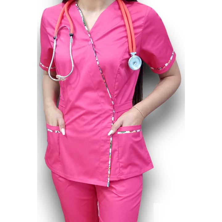 Bluza medicala tercot elastic, Kimono PremiumFlex Ciclam, Marimea 46, Colectia Halatul meu, AMA Medical Scrubs