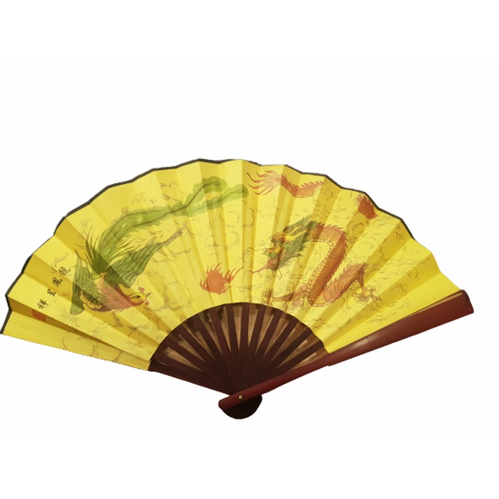 Ahelos legyező, sárkány, textil/bambusz, többszínű, 52 x 32 cm