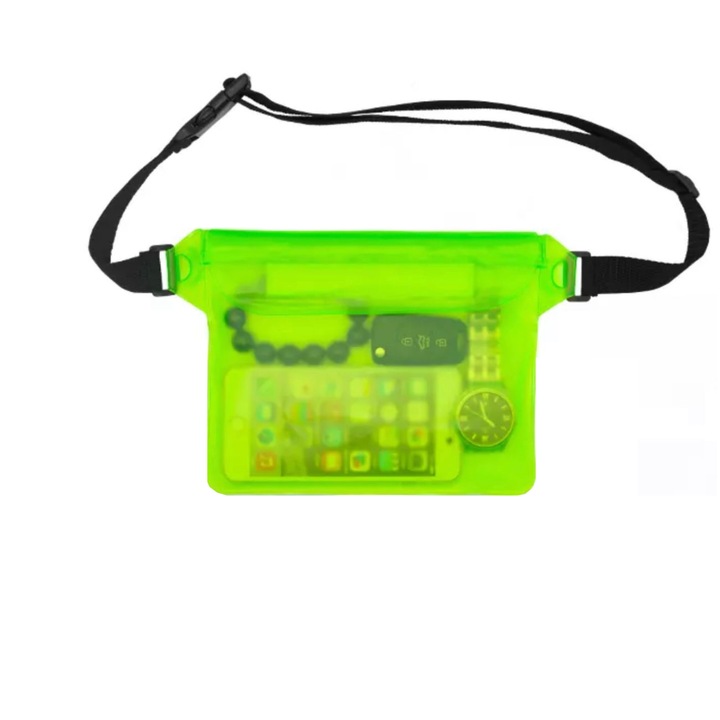 Подводна чанта, водоустойчива, за мобилен телефон и аксесоари, регулируем колан, размери 22 х 17 см, цвят неоново зелен