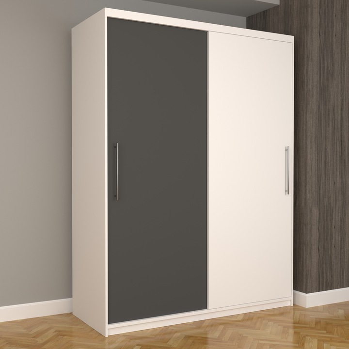 Dulap Dormitor Stefan Eco 150 cm x 200 cm x 61 cm, fara oglinda, alb cu usi glisante gri alb