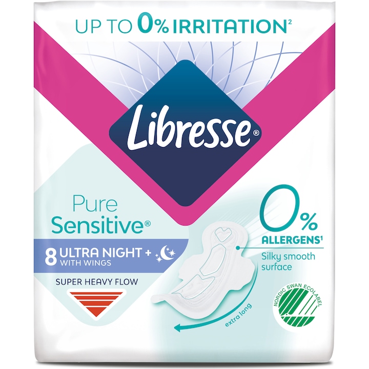 Дамски превръзки Libresse Pure Sensitive Ultra Night, 8 броя