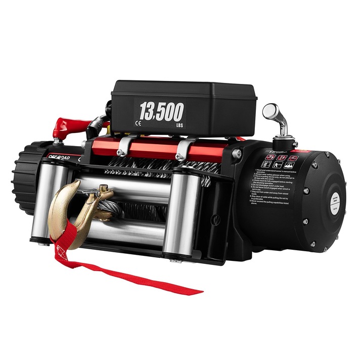 Лебедка за джип Vevor-H664, Напрежение 12 V, Мощност 6.8 к.с, Макс. натоварване 6123 кг, Автоматична спирачка, Дистанционно управление, 3-степенна планетарна скоростна кутия, Дължина на въже 24 м, Предавателно отношение 265:1