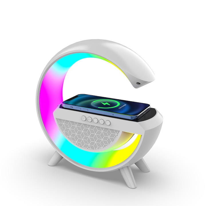At Performance RGB led asztali lámpa 3 az 1-ben, vezeték nélküli töltőállomással, Bluetooth zene, FM, USB, 1500 mh, fehér