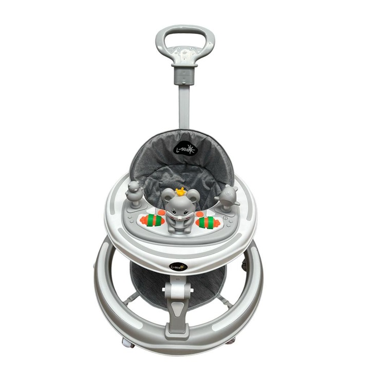 Go Kart babakomp, 3 az 1-ben, szilikon kerekek, musical, matraccal és szülői felügyelettel, +6 hónap, szürke