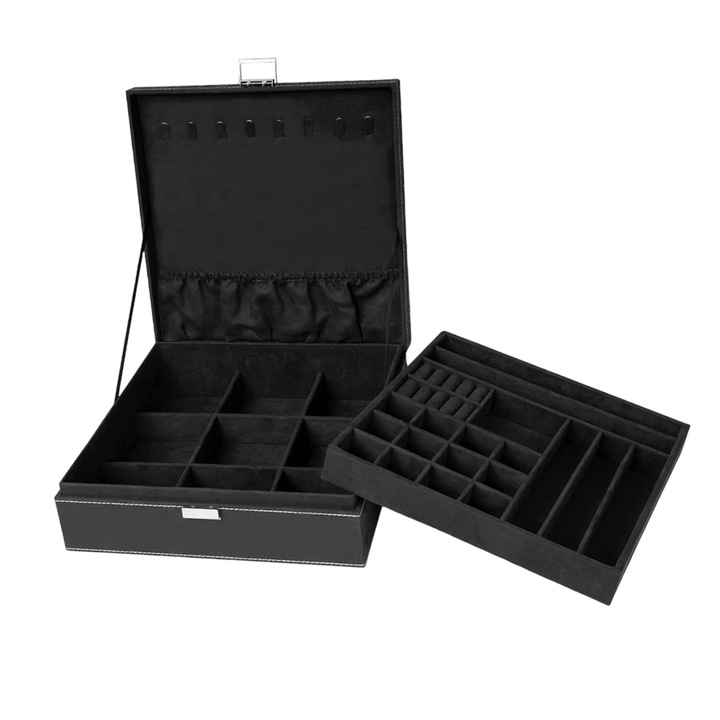 Cutie de bijuterii cu doua niveluri, separator detasabil pentru cercei, bratari, inele, coliere, 26.4 × 26.4 cm × 8.4 cm, Negru