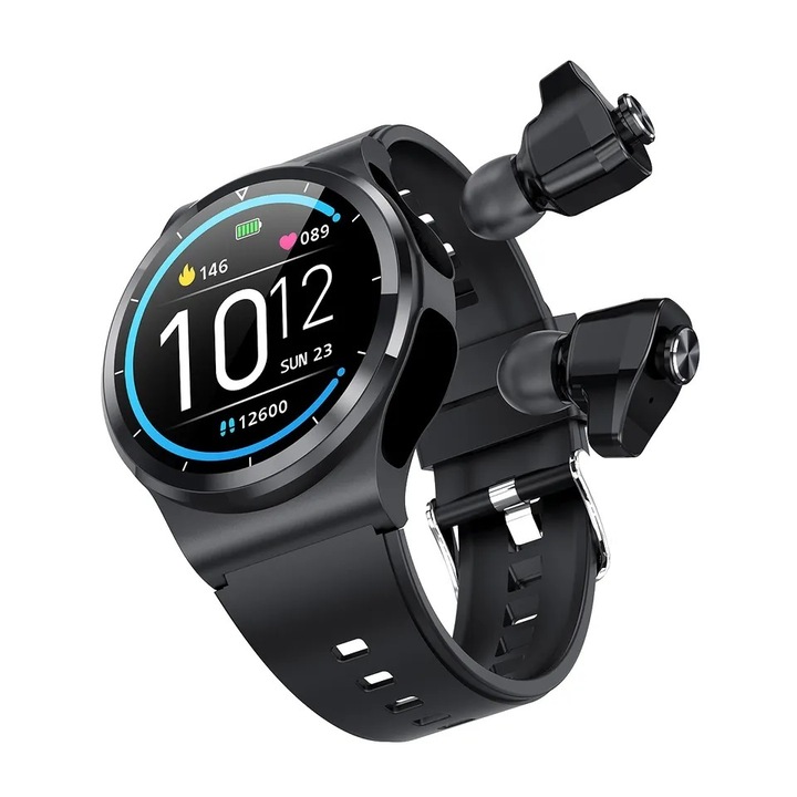 Smartwatch GT69 TWS 2 in 1 cu Casti stereo incorporate, Negru, compatibil Android 4.4+ si IOS 8.0+, Bluetooth 5.0