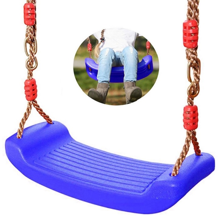 Leagan pentru copii din plastic fara spatar, Welora®, Stabil si Usor, Franghii Incluse, Rezistent 100kg, Calitate Premium, Dimensiuni 44 x 17 x 7.5 cm, Albastru