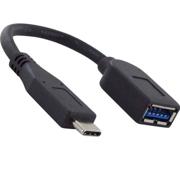 Cablu adaptor OTG, RushConnect, intrare USB-A, iesire USB Type-C, Negru