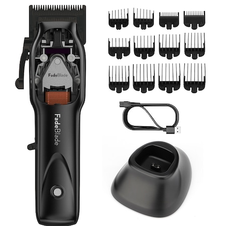 Masina de tuns profesionala FadeBlade® Clipper Pro, acumulator 2500mAh, 10.000 RPM, 12 gratare, stand incarcare, 0,5-12mm, motor magnetic cu chip, vibratii reduse, negru