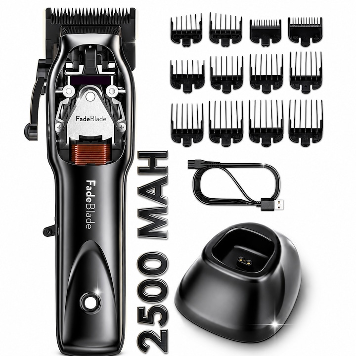 Masina de tuns profesionala FadeBlade® Clipper Pro, acumulator 2500mAh, 15.000 rot/min, 12 gratare, stand incarcare, 0,5-12mm, motor magnetic cu chip, vibratii reduse, negru