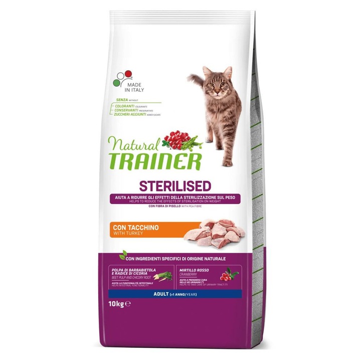 Суха храна за котки Natural Trainer Cat Adult Sterilised Turkey, 10 кг
