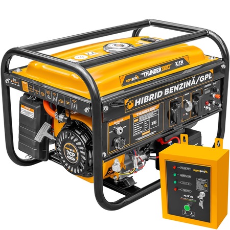 Generator rezidential AgroPro THUNDER3100, Hibrid Benzina/GPL, putere max 3.1 kW, Euro 5, motor 7 CP, 210 cmc, rezervor 15 L, AVR, pornire electrica, automatizare ATS, monofazat
