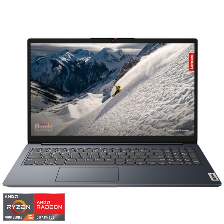 Laptop Lenovo IdeaPad 1 15AMN7 cu procesor AMD Ryzen™ 5 7520U pana la 4.3GHz, 15.6" Full HD, 8GB, 256GB SSD, AMD Radeon Graphics, Windows 11 Home, Abyss Blue