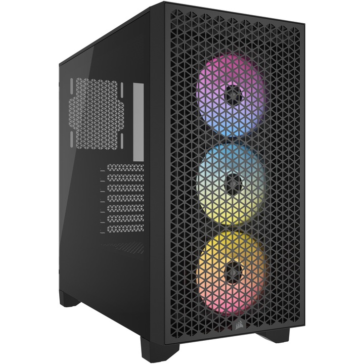 Компютърна кутия Corsair 3000D RGB Mid-Tower, ATX, Без захранващ блок, Включени 3 вентилатора R120 RGB Series, Черен