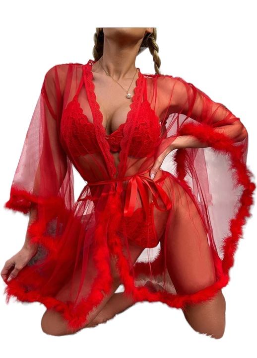 Halat mireasa/nasa, transparent, StarFashion, cu puf, scurt, rosu, OneSize