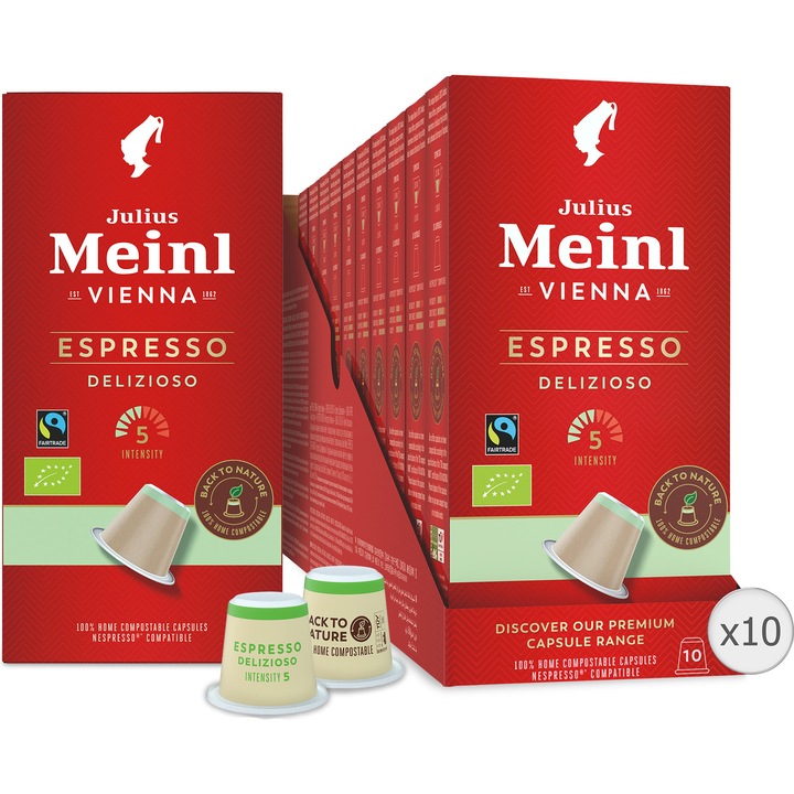 Julius Meinl Espresso Delizioso BIO Fair Trade kávékapszula, 10x készlet, Nespresso kompatibilis, 100% biológiailag lebomló, 560 g