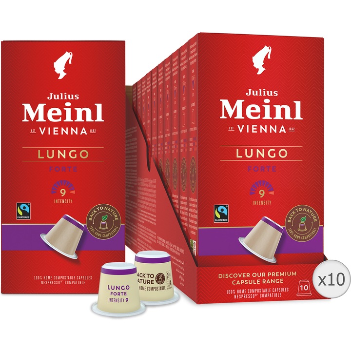 Set 10 x Cafea capsule, Julius Meinl Lungo Fair Trade, compatibile Nespresso, 100% biodegradabile, 100 buc, 560 g