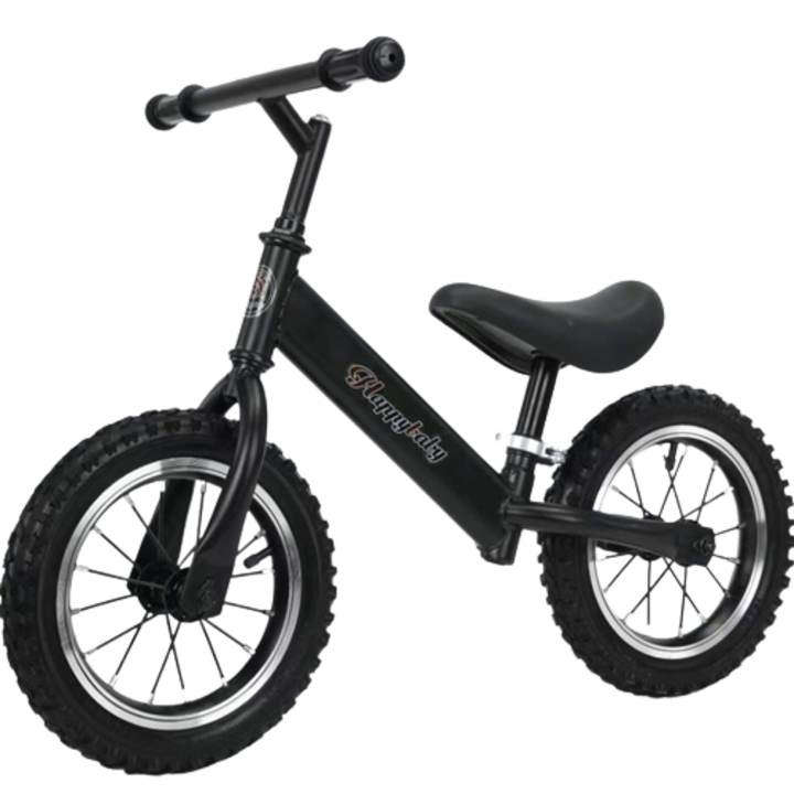 Bicicleta fara pedale, Neagra, Antrenament echilibru pentru copii intre 2 ani si 5 ani, Roti din cauciuc 12 inch, Jante din aliaj aluminiu