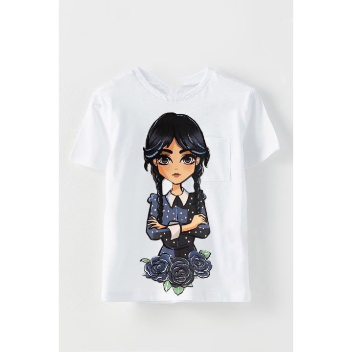 Бяла памучна детска тениска по поръчка Wednesday M2, Бял