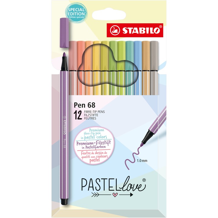 Carioca Stabilo Pen 68 Pastellove, 1 mm, 12 culori / set, etui caton
