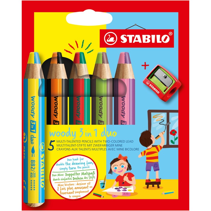 Creioane colorate Stabilo woody 3 in 1 duo, 10 mm, 5 bucati / set, ascutitoare, etui carton