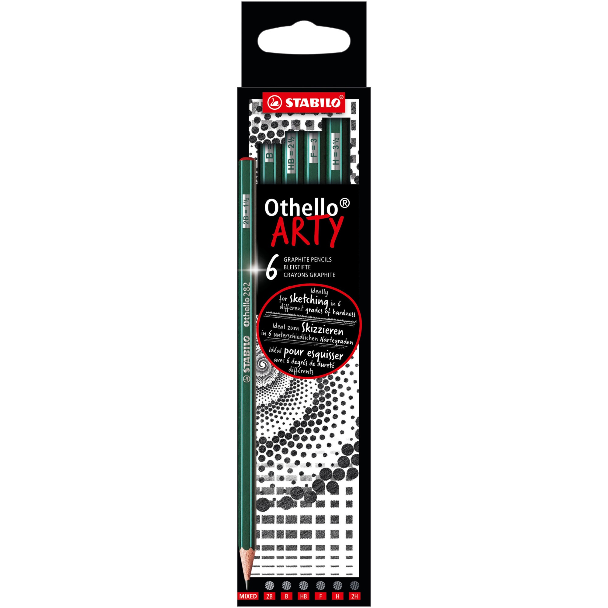 Creion grafit Stabilo Othello 282, 2B, B, HB, F, H, 2H, set 6 bucati, etui caton Arty