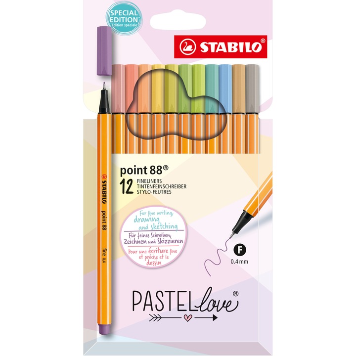 Fineliner Stabilo Point 88 Pastellove, 0.4 mm, 12 culori / set, etui carton