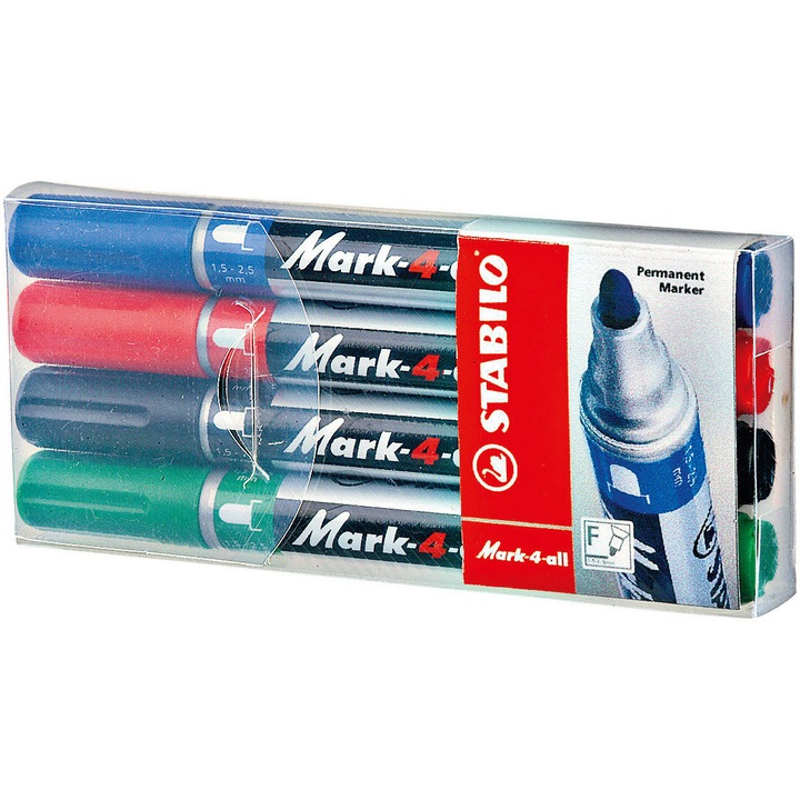 Marker permermanent Stabilo Mark-4-all, 651, F, varf rotund, 1.5 – 2.5 mm, set 4 culori, etui plastic