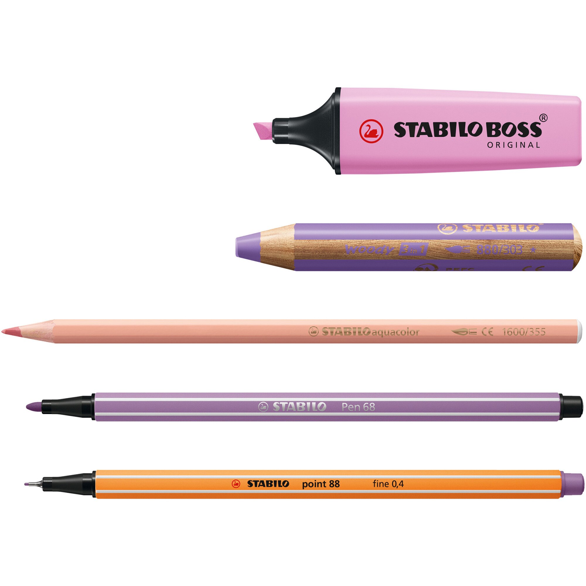 Stabilo Pen 68 x 12 culori, Point 88 x 12 culori, Aquacolor x 12 culori,  woody 3 in 1 x 9 culori, Boss Original Pastel x 5 culori, 50 bucati / set,  etui carton Arty 