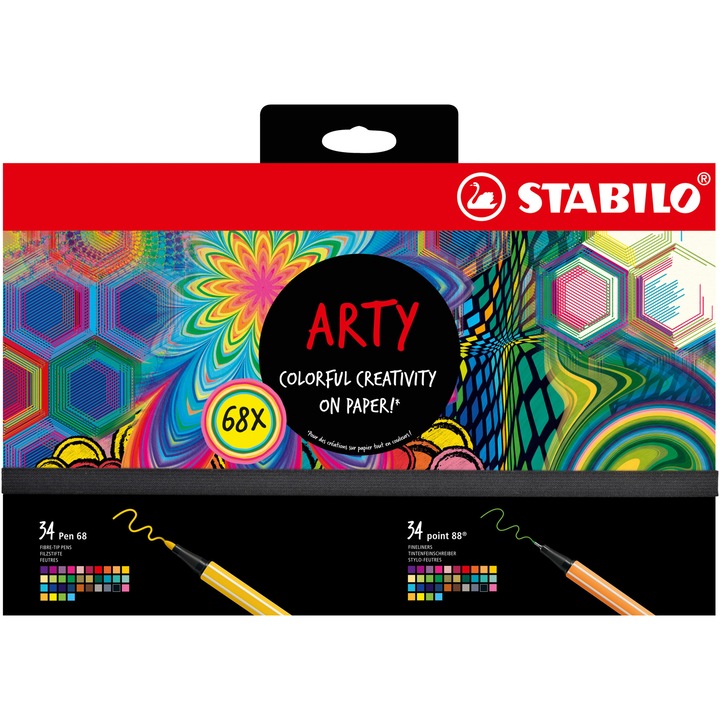 Stabilo Pen 68 x 34 culori, fineliner Stabilo Point 88 x 34 culori, 68 culori / set, etui carton Arty