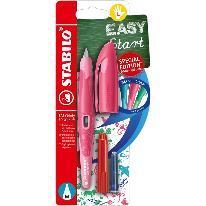 Писалка EASYbirdy 3D Wildlife pen, M, За левичари, Розов, 1 резервна, Блистер
