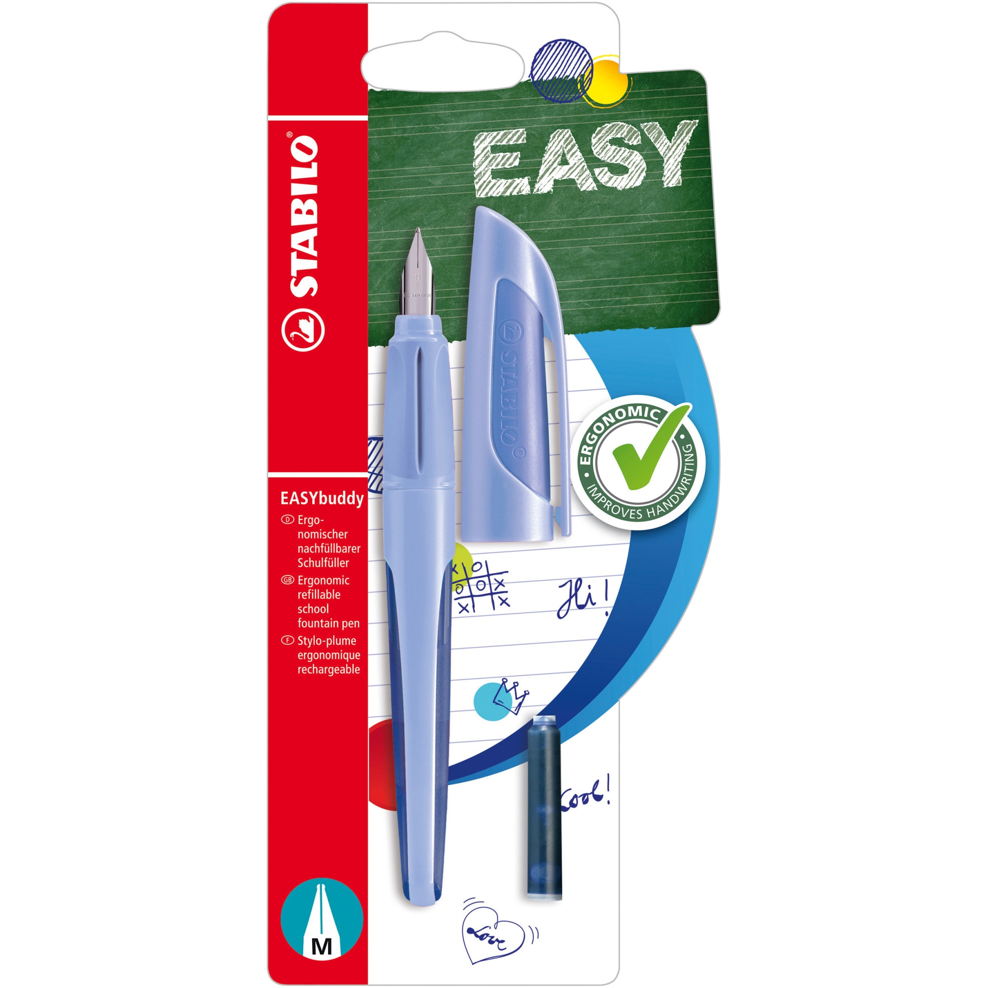 Stilou Stabilo EASYbuddy Pastel, M, pentru dreptaci, cloudy blue, 1 rezerva, blister