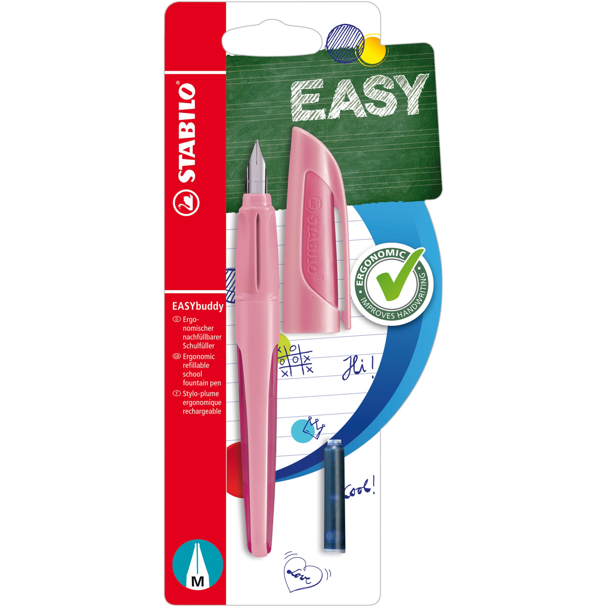 Stilou Stabilo EASYbuddy Pastel, M, pentru dreptaci, pink blush, 1 rezerva, blister