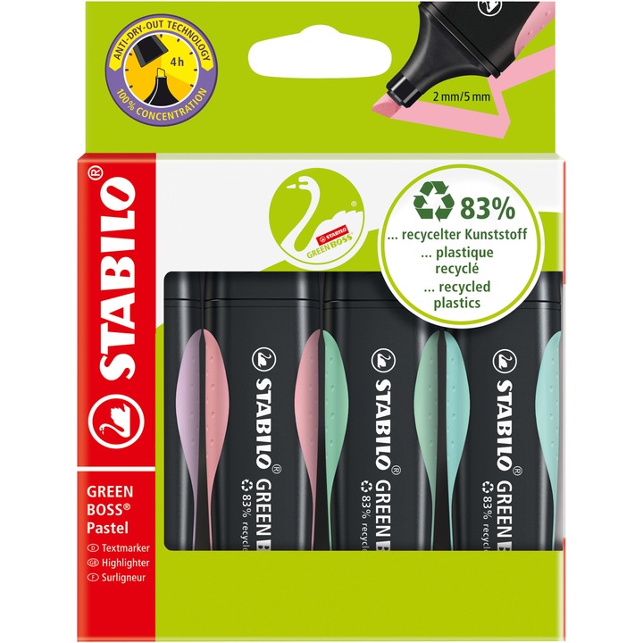 Маркери за текст Stabilo Boss Green Pastel, 4 цвята/комплект, Картонена кутия
