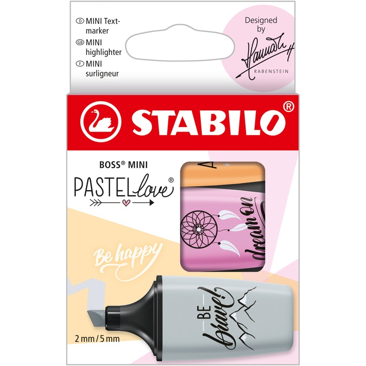 Маркери за текст Stabilo Boss mini Pastellove, 3 цвята/комплект, Оранжев, Фуксия, Сив, Картонена кутия