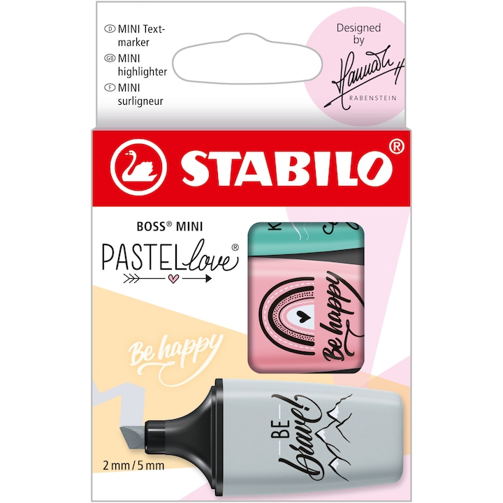 Маркери за текст Stabilo Boss mini Pastellove, 3 цвята/комплект, Тюркоаз, Розов, Сив, Картонена кутия