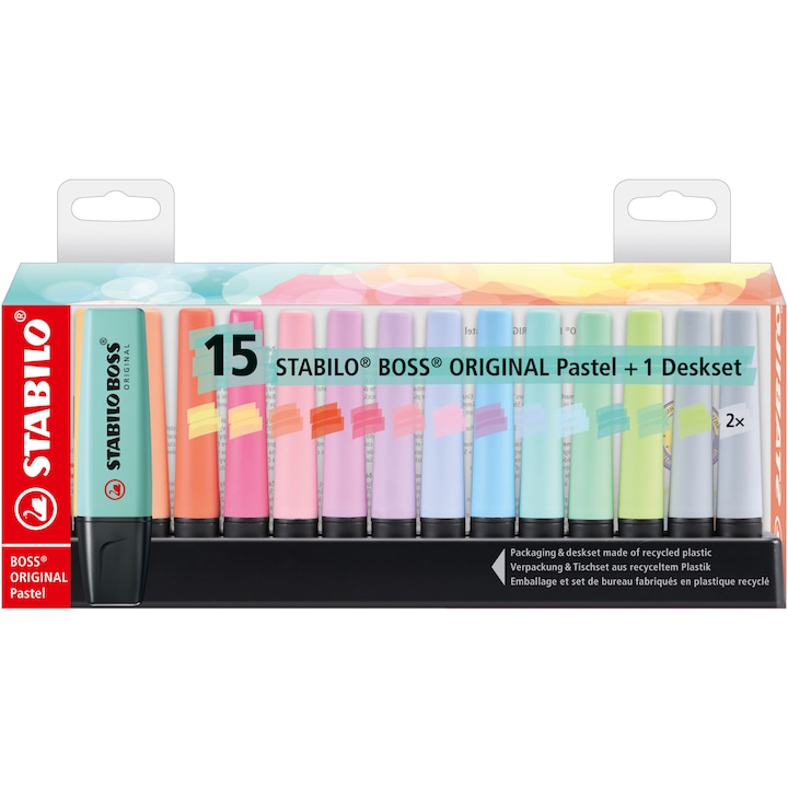 Textmarker Stabilo Boss Original Pastel, 15 culori / set, suport de birou