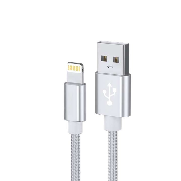 INVINCIO® adatátviteli és töltőkábel, USB-A - USB-Lightning, gyors töltés, nylon védőfonat, megnövelt ellenállás az ismétlődő hajlításokkal szemben, kábelhossz 1 m, kompatibilis Apple eszközökkel, ezüst