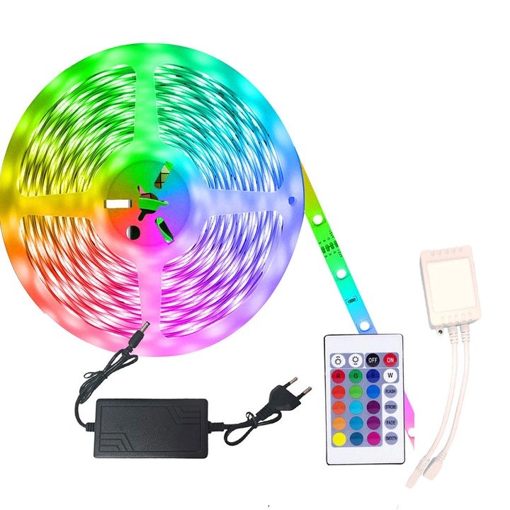 Banda LED GREATON Multicolora, Inteligenta, Control Prin Telecomanda sau Aplicatie Telefon, Grad de Protectie IP65, Tip LED SMD 5050, Setare Mod de Lumina, Sincronizare Ritm Muzica, Timer, 5 metri