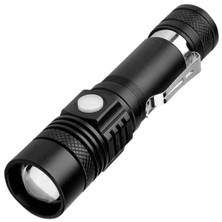 Lanterna Telescopica Reincarcabila cu Zoom Reglabil, Cablu Micro USB si Baterie - Alegerea Perfecta pentru Experiente in Aer Liber, Disponibila in Culoarea Negru