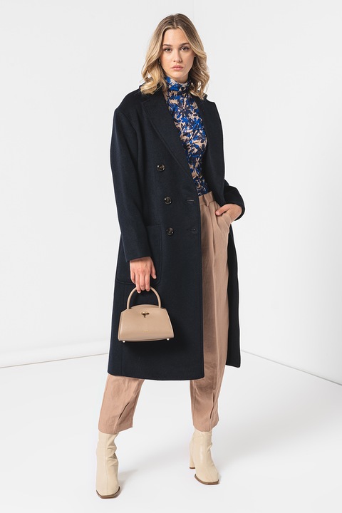 Max&Co, Palton din amestec de lana virgina cu doua randuri de nasturi Elemento, Albastru ultramarin