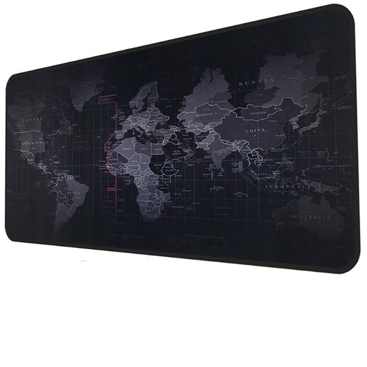 Mousepad Mare Cauciucat Pentru Gaming, Antiderapant, Waterproof, model Harta Lumii, 80 x 30cm, Negru