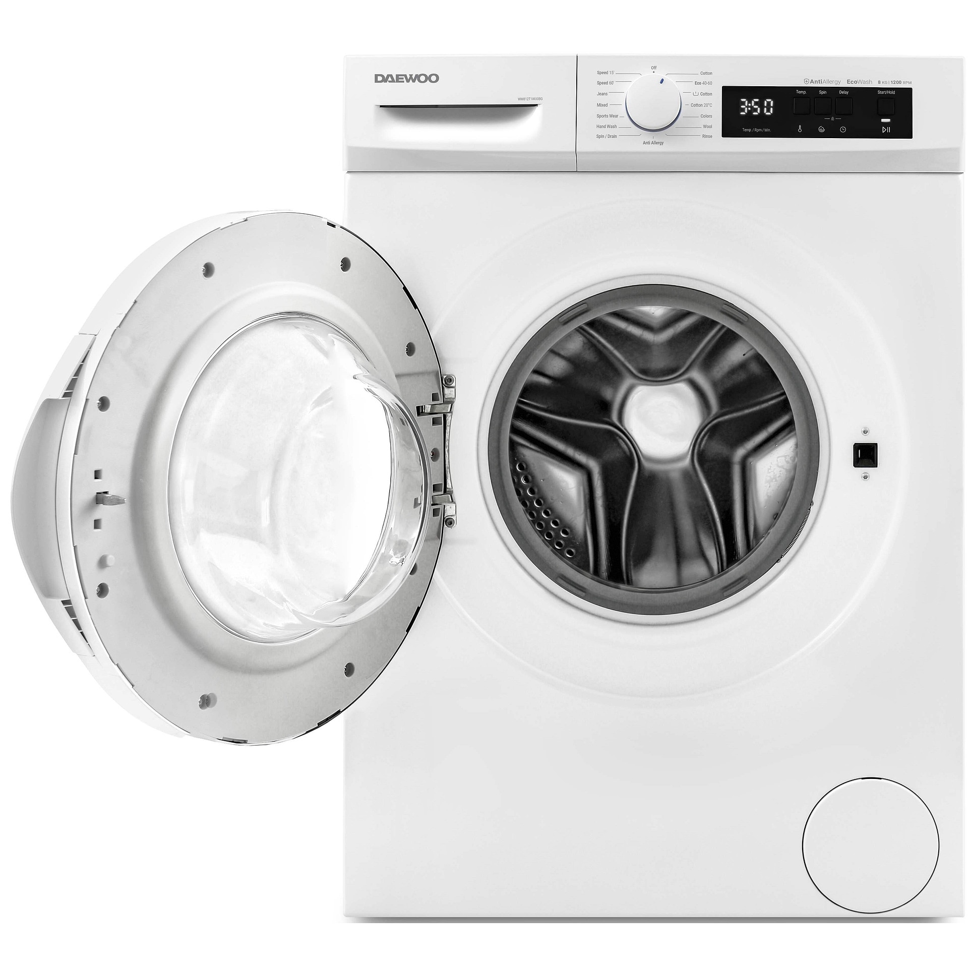 Masina de spalat rufe Daewoo WM812T1WU0BG, 1200 rpm, 8 kg, Clasa D, Alba, Pornire intarziata, Program Eco
