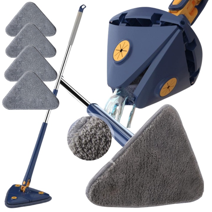 Mop profesional triunghiular, rotativ la 360 de grade, cu storcator, carpa din microfibra + 4 cartuse inlocuibile